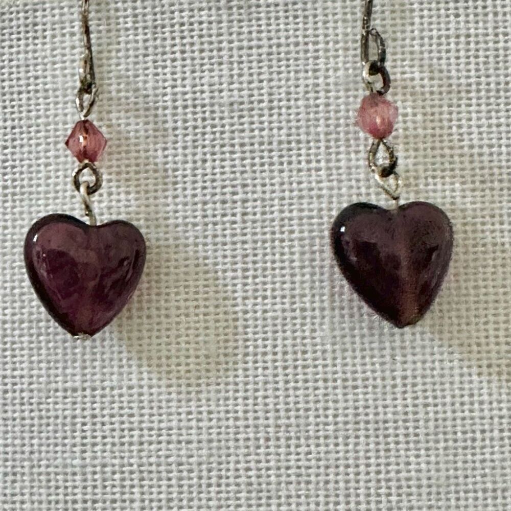 Purple glass heart drop earrings